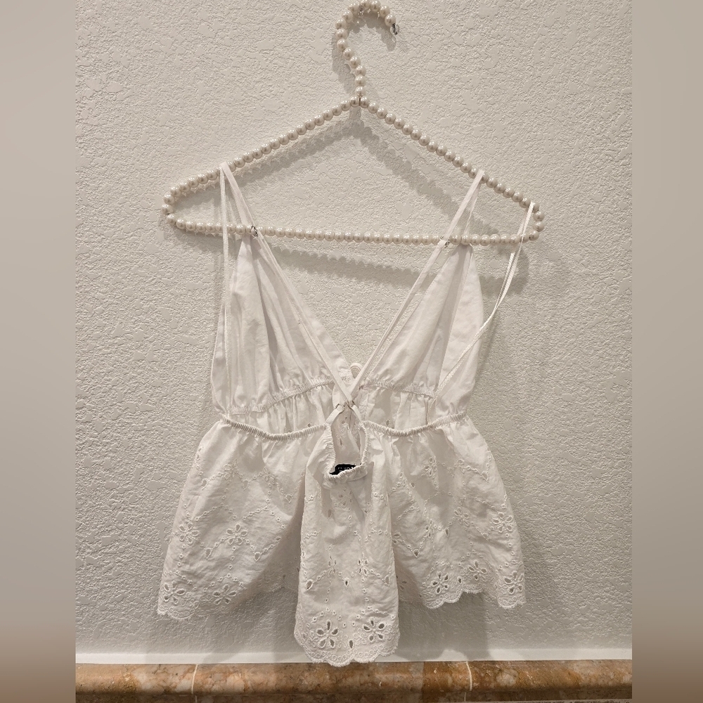 Zara Eyelet Babydoll Tie Front Top White Size S - Picture 4 of 7